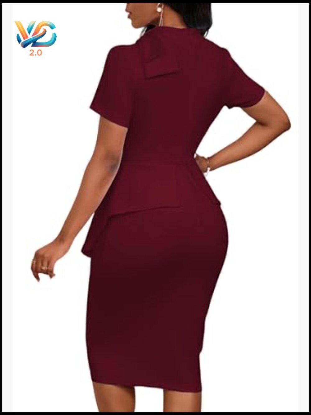 Fashion Peplum Bodycon Short Sleeve Work Dress Bow Ruffle Pencil Formal Cocktail - Picture 3 of 7